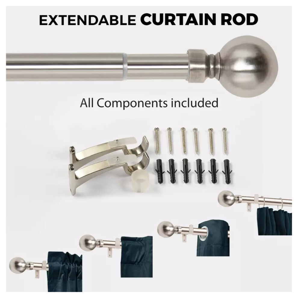 (70 x 120 cm (28"-48" in)) Silver Curtain Pole Extendable Metal Rod 28mm UK