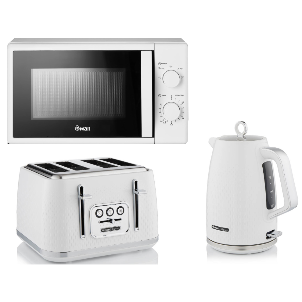 Swan Elegance White Kettle, 4 Slice Toaster & 700W 20L Microwave Set