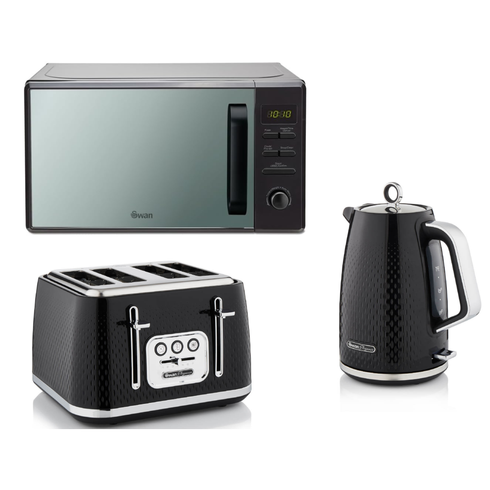 Swan Elegance Kettle, 4 Slice Toaster & Digital Microwave Set in Black