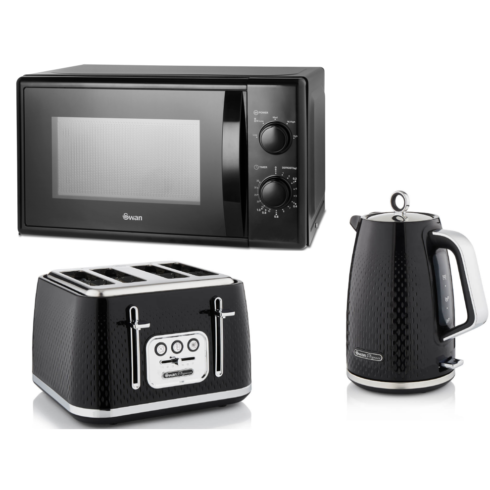 Swan Black Elegance Kettle, 4 Slice Toaster & 700W 20L Microwave Set