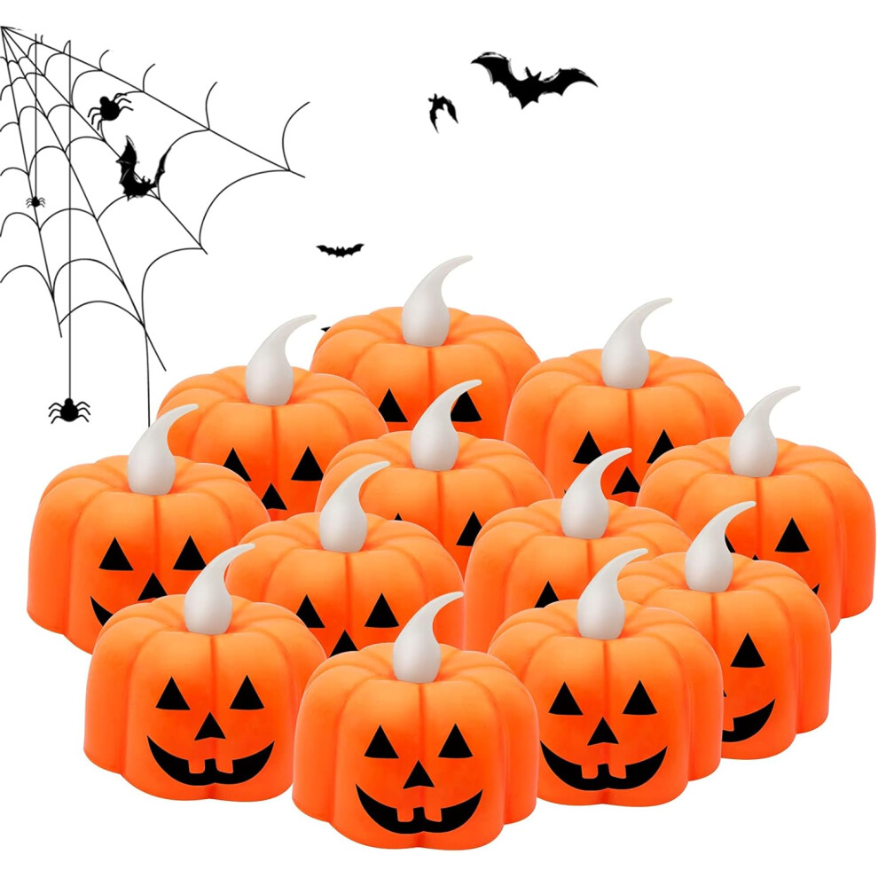 Jyps 12Pcs Pumpkin Tealights Candles Halloween Flameless Candles Battery Operated Led Tea Lights 3D Lanterns For Halloween Deco In &Out Door Orange