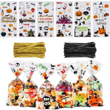 OWILL 120 Pcs Halloween Sweet Bags Treat Gift Bags with 130 Pcs Gold and Black Twist Ties Cellophane Trick or Treat Bags for Sweets -27,13cm