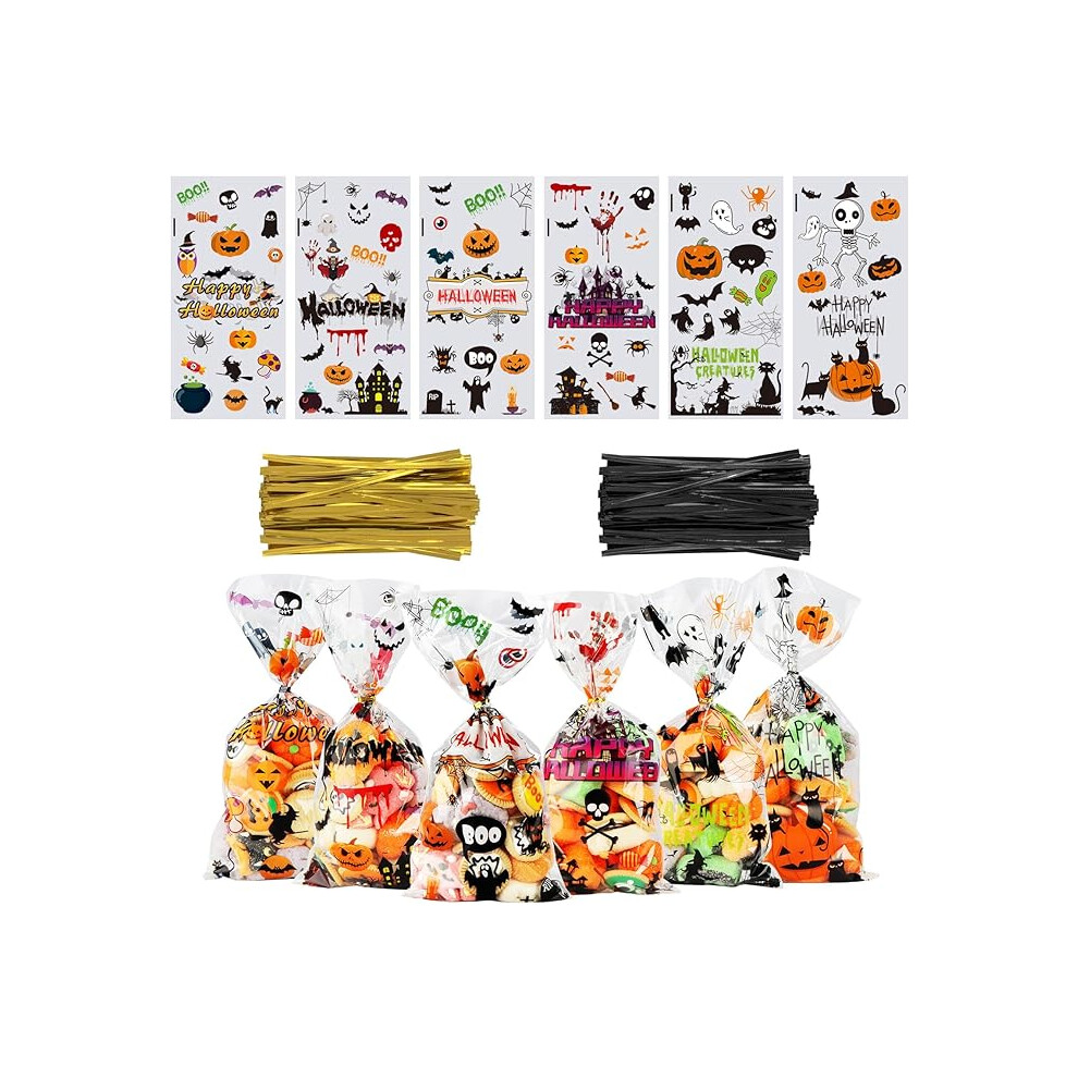 OWILL 120 Pcs Halloween Sweet Bags Treat Gift Bags with 130 Pcs Gold and Black Twist Ties Cellophane Trick or Treat Bags for Sweets -27,13cm
