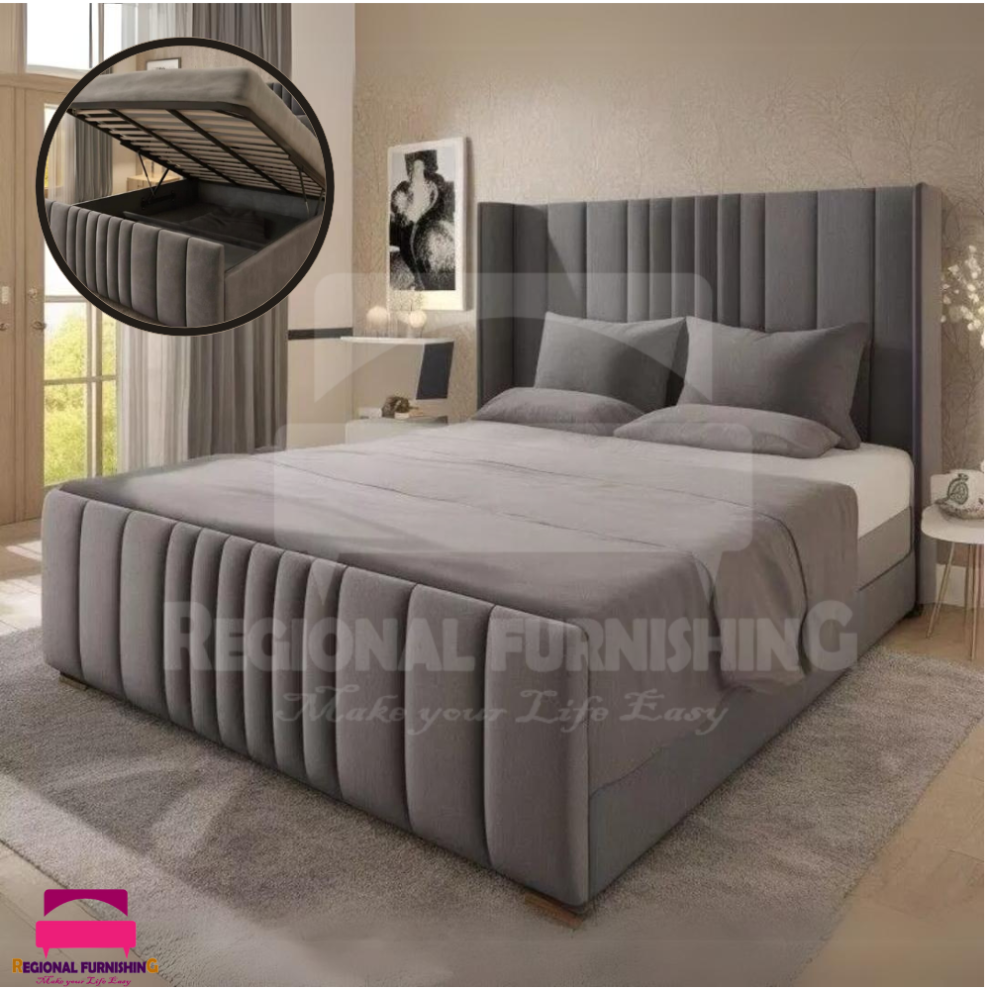 (Small Double-4ft (With Gas Lift), Grey Plush) Winged Panel Bed Frame Ottoman GasLift Storage Bed Upholstered Velvet+Mattress