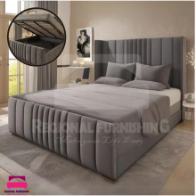 (Double-4f6 (With Gas Lift), Silver Plush) Winged Panel Bed Frame Ottoman GasLift Storage Bed Upholstered Velvet+Mattress