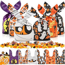 AHFULIFE 120PCS Halloween Sweets Candy Bags Trick Treating Treat Bags Sweets Biscuit Gift Bags Halloween Bags Kids Halloween Party Supplies 6 Patterns
