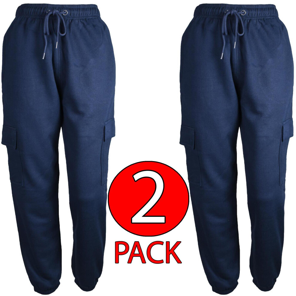 (2 Pack - Navy, L) 2Pack Women Combat Cargo Sport Elasticated Trouser