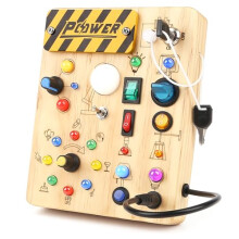 Joyreal Wooden Busy Board 2 Year Old, Montessori Sensory Toys for Toddlers, Fidget Board with 19 LED Lights, Educational Toys Travel Toys Activity