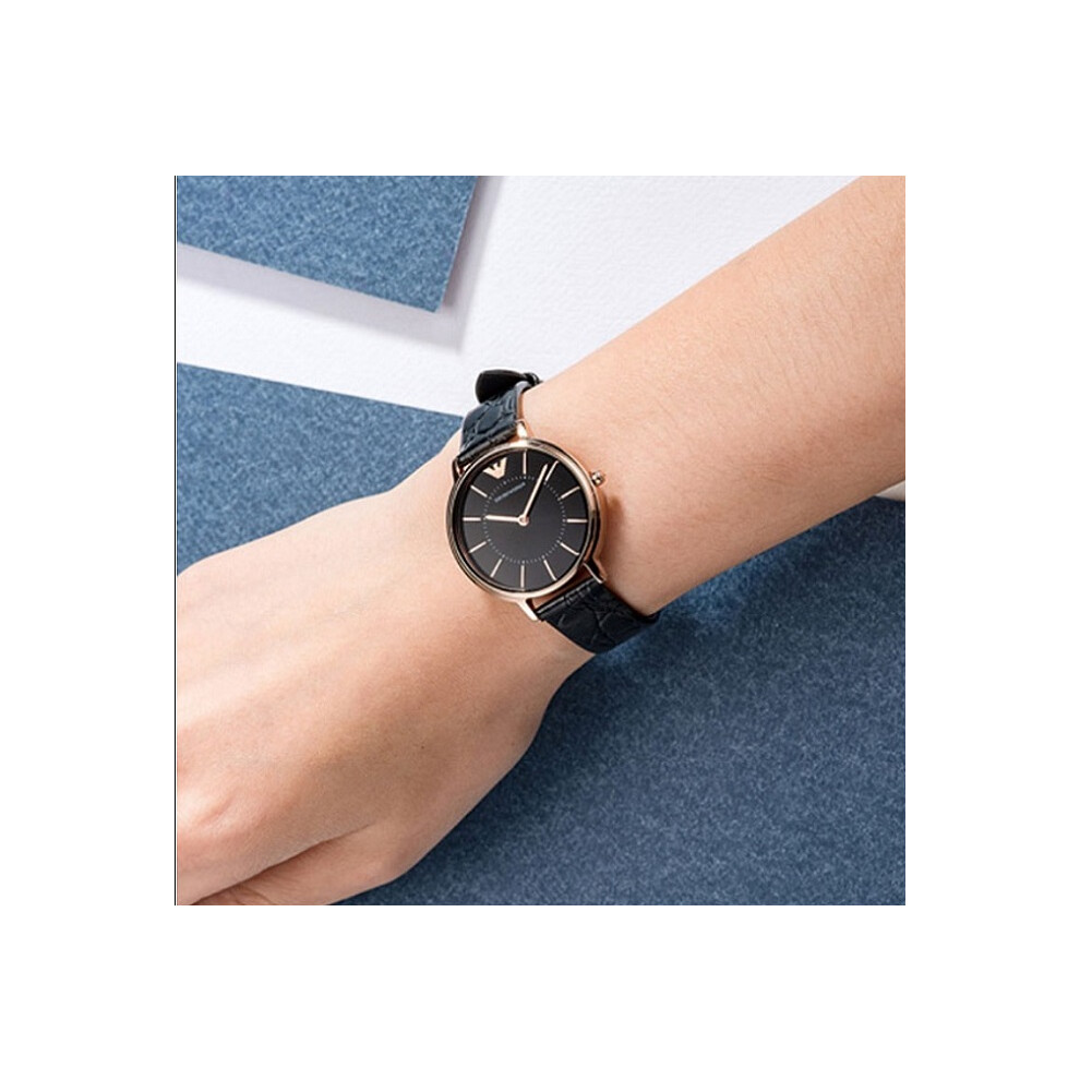 ARMANI AR11064 WOMENS WATCH BLACK STRAP BLACK DIAL ROSE GOLD CASE
