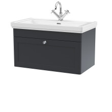 Traditional Wall Hung 1 Drawer Vanity Unit with 1 Tap Hole Fireclay Basin, 800mm - Soft Black