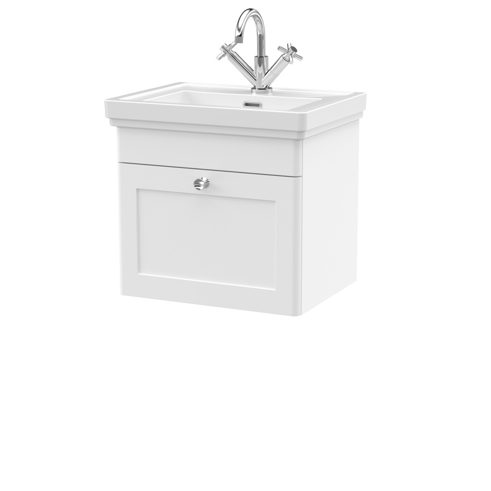 Traditional Wall Hung 1 Drawer Vanity Unit with 1 Tap Hole Fireclay Basin, 500mm - Satin White