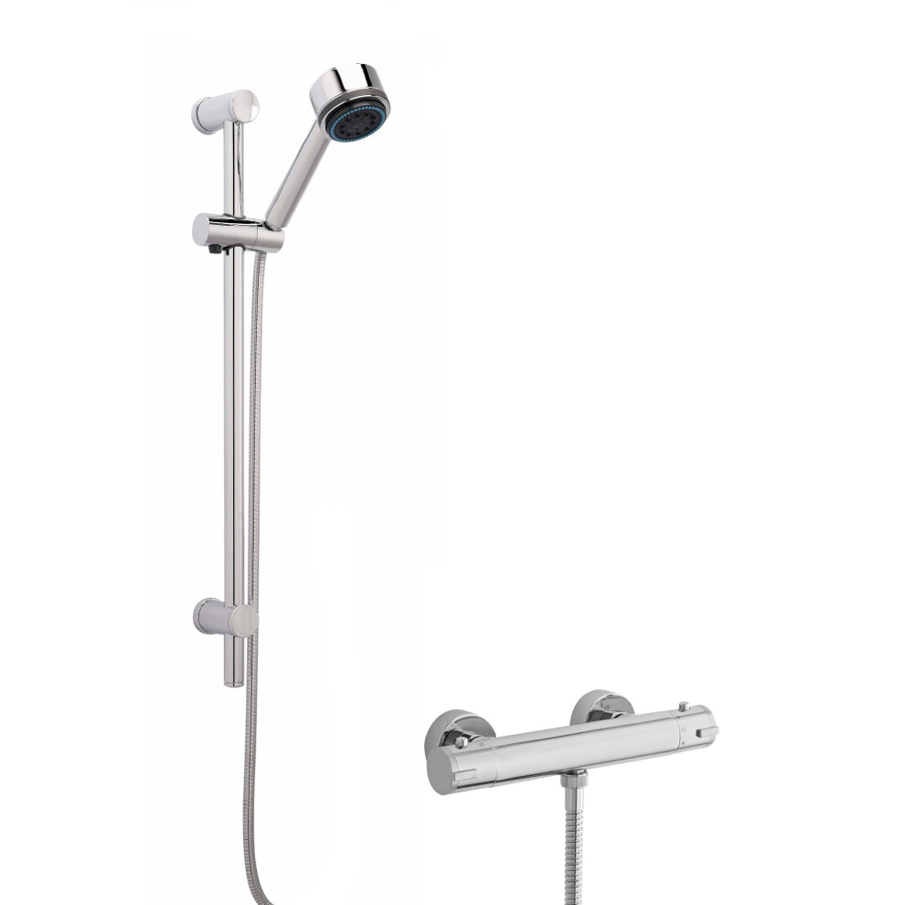 Round Thermostatic Minimalist Bar Valve and Brass Multi Function Handset Slider Rail Kit Shower Bundle - Chrome - Balterley