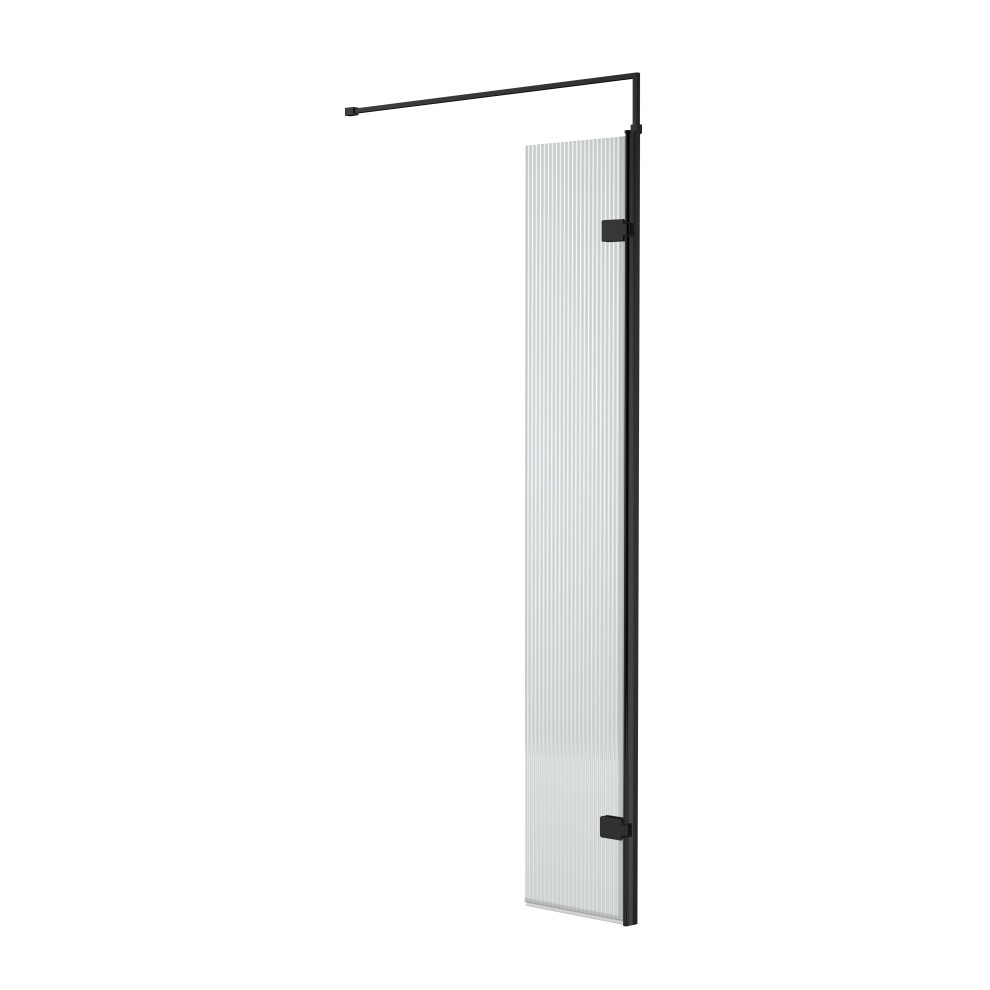 Fluted 8mm Toughened Safety Glass Hinged Return Screen with Support Bar, Black - 300mm