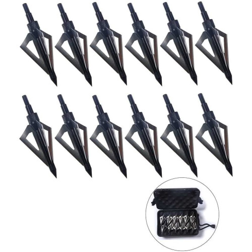 (black) LAIXING 12Pack 3 Fixed Blade Archery Hunting Broadheads 100Grain with Case Arrow Head