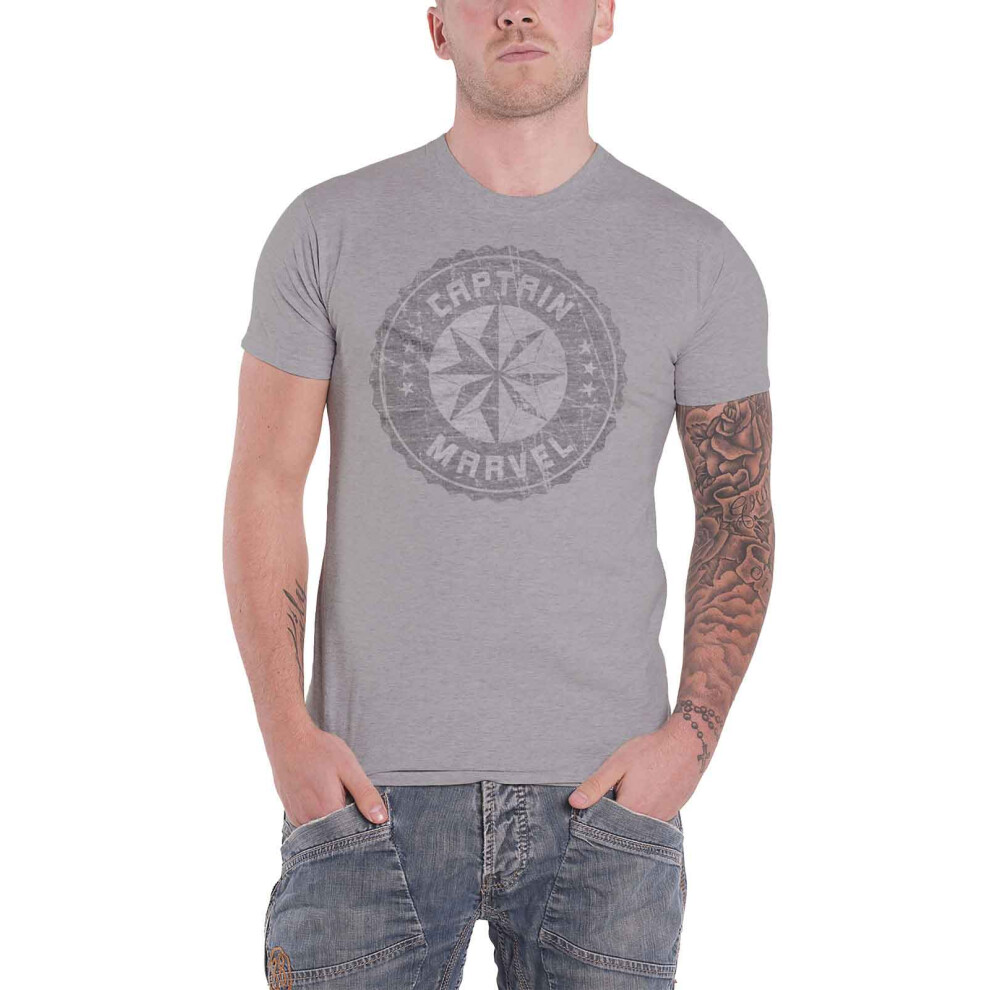(L, Grey) Captain Marvel T Shirt Distressed Circle Logo Official Marvel Comics Mens Grey