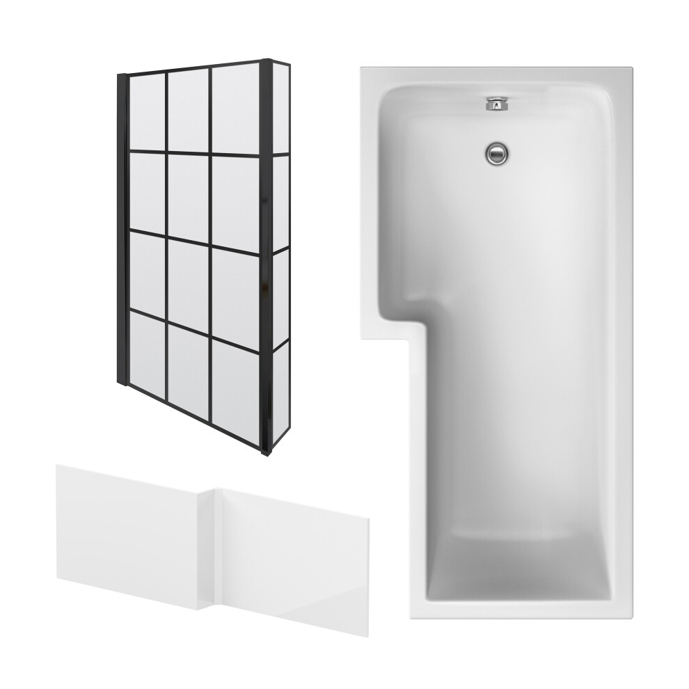 L Shape Bathtub, Front Panel with Hinged Screen - Black Profile