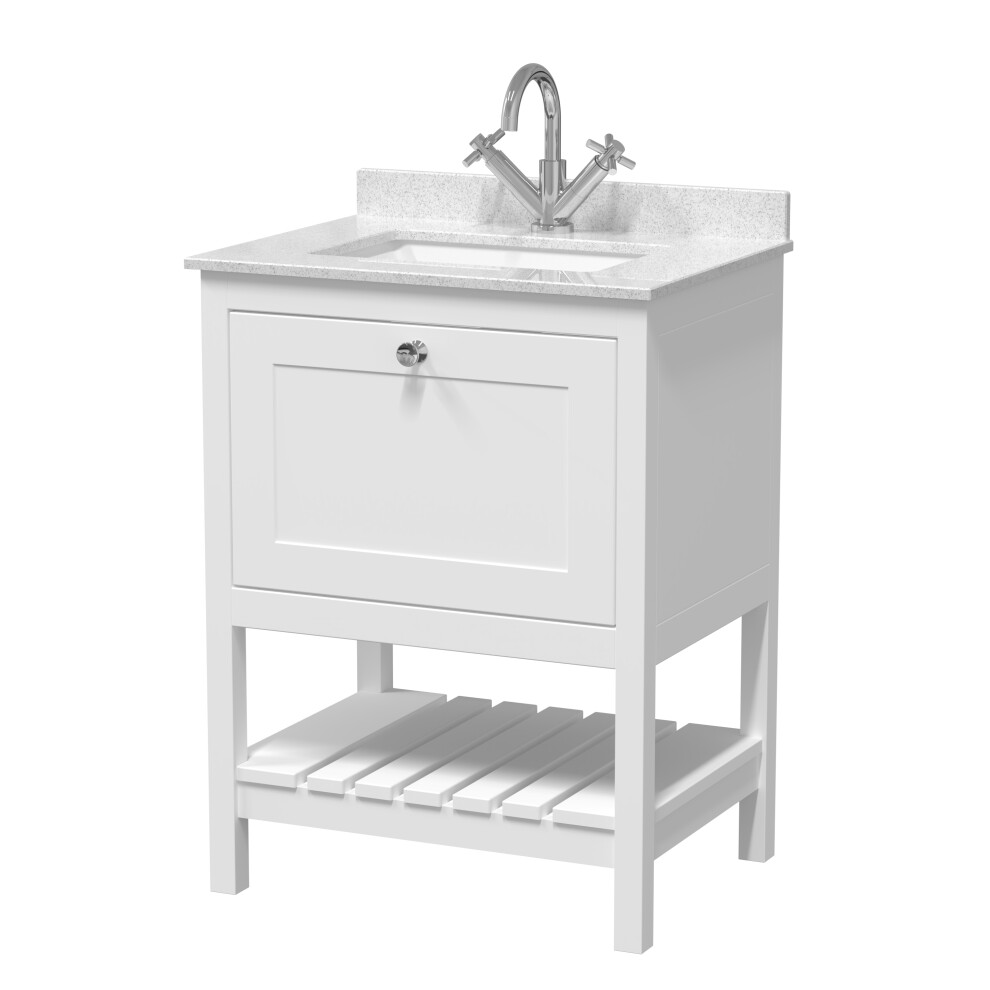 Traditional Furniture Floor Standing 1 Drawer Vanity & 1 Tap Hole Marble Worktop & Basin, 600mm, Pure White