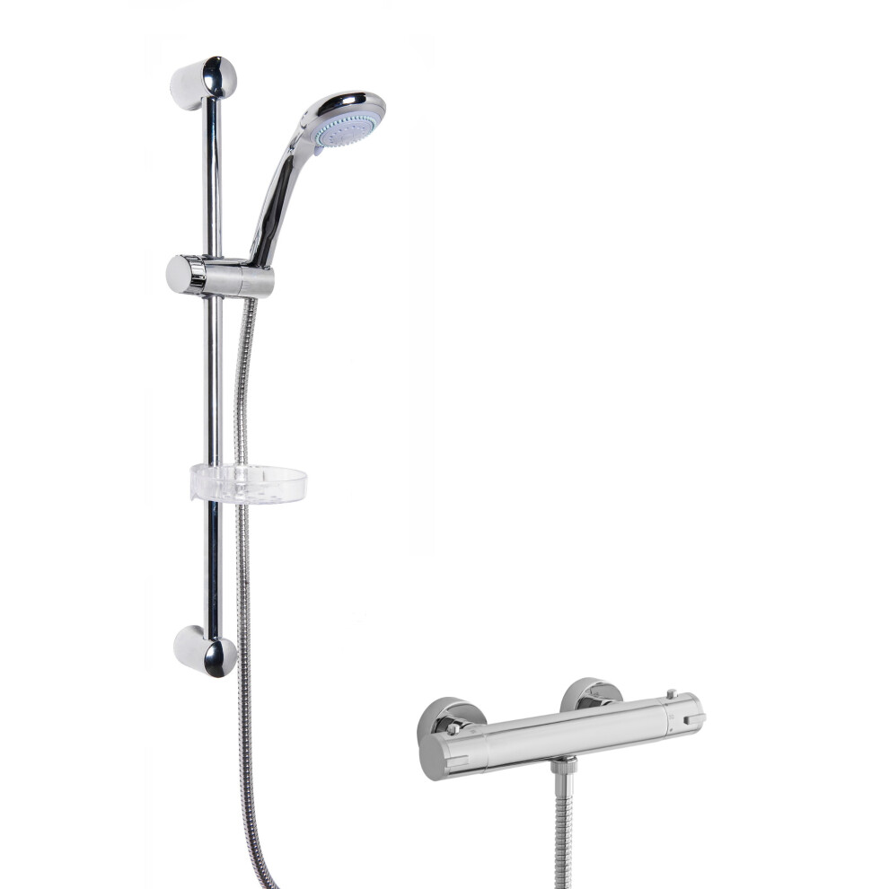 Round Thermostatic Minimalist Bar Valve and Multi Function Handset Slider Rail Kit Shower Bundle - Chrome - Balterley