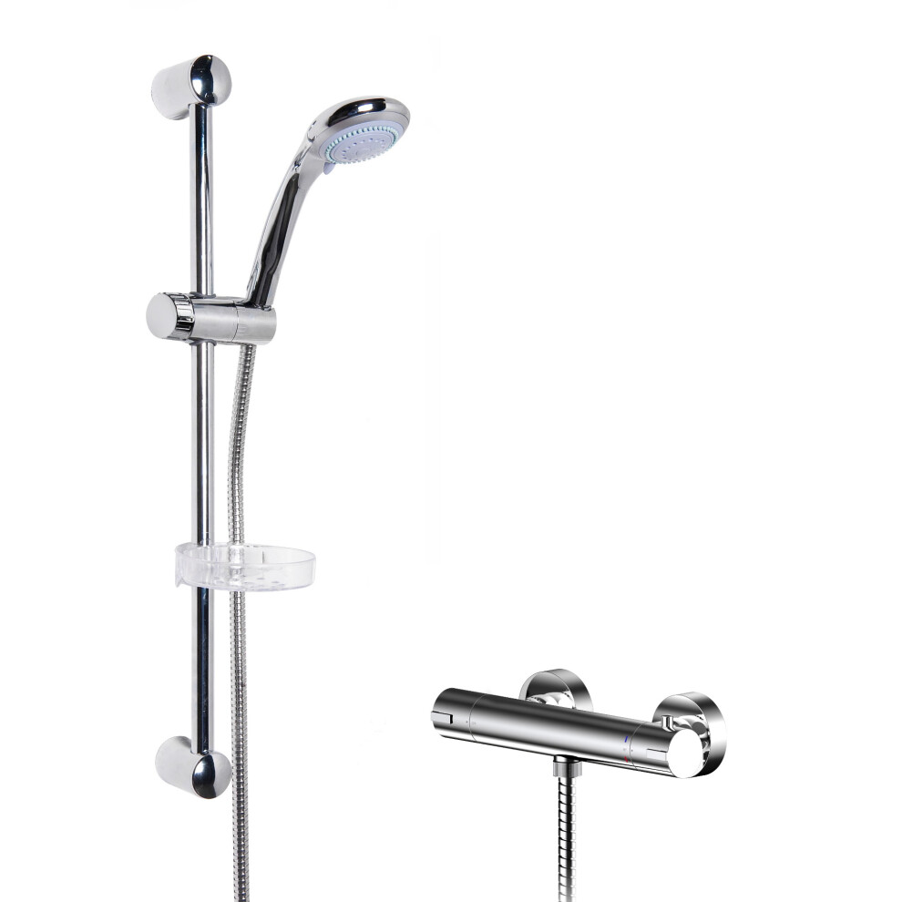 Current Round Thermostatic Bar Valve and Brass Multi Function Handset Slider Rail Kit Shower Bundle - Chrome - Balterley