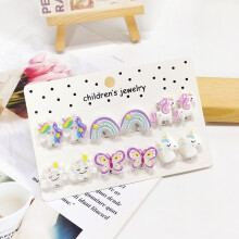(6PRS PURPLE UNICORN) Rainbow Unicorn Butterfly Non Piercing Clip on Earring for Kids Girls Children Christmas Gift