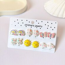 (6PRS RABBITS) Rainbow Unicorn Butterfly Non Piercing Clip on Earring for Kids Girls Children Christmas Gift