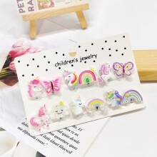 (6PRS MIX UNICORN) Rainbow Unicorn Butterfly Non Piercing Clip on Earring for Kids Girls Children Christmas Gift