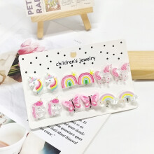 (6PRS PINK UNICORN) Rainbow Unicorn Butterfly Non Piercing Clip on Earring for Kids Girls Children Christmas Gift