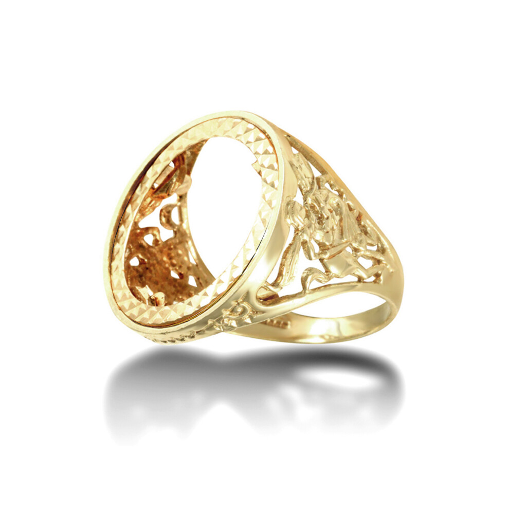 (L) Jewelco London Men's Solid 9ct Yellow Gold St George Dragon Slayer Half Sovereign Mount Ring - JRN175-H