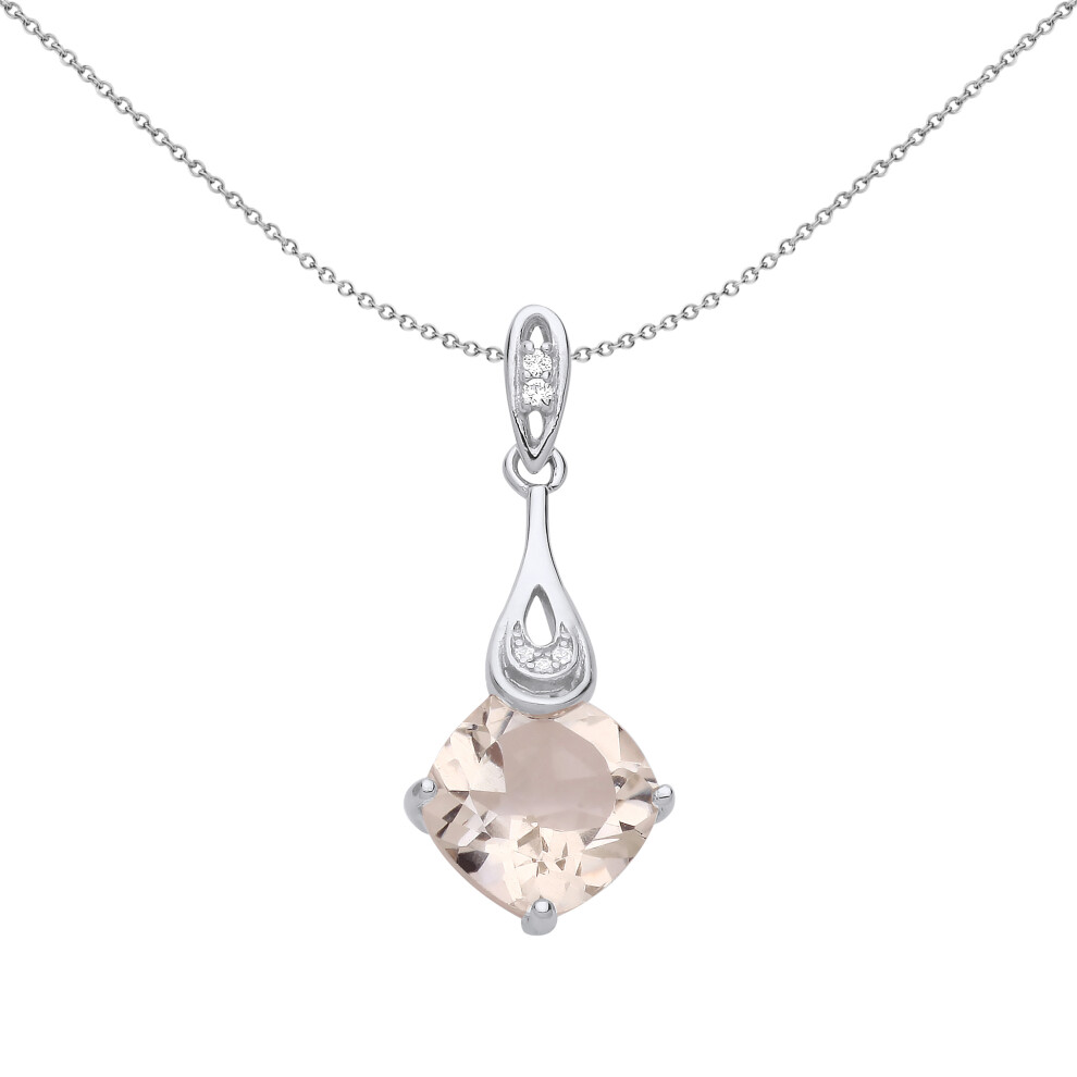 Jewelco London Ladies Sterling Silver Peach Cushion CZ Solitaire Gemstone in Tongs Pendant Necklace 18 inch - GVP673