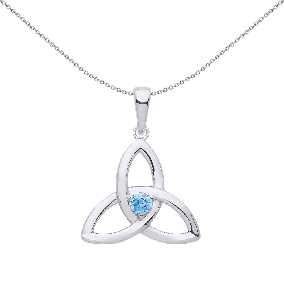 Jewelco London Ladies Sterling Silver Blue CZ Celtic Trinity Trefoil Triquetra Knot Solitaire Pendant Necklace 18 inch - GVP570AQ