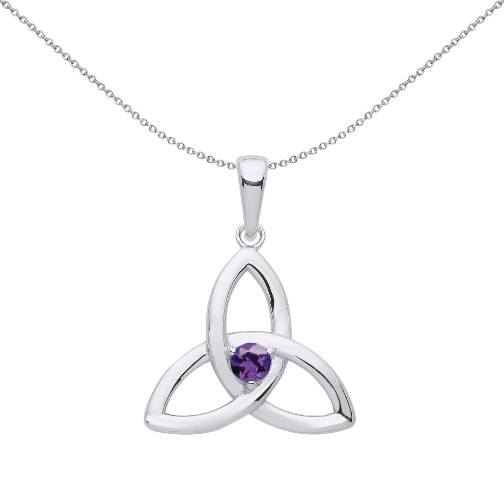 Jewelco London Ladies Sterling Silver Purple CZ Celtic Trinity Trefoil Triquetra Knot Solitaire Pendant Necklace 18 inch - GVP570AM