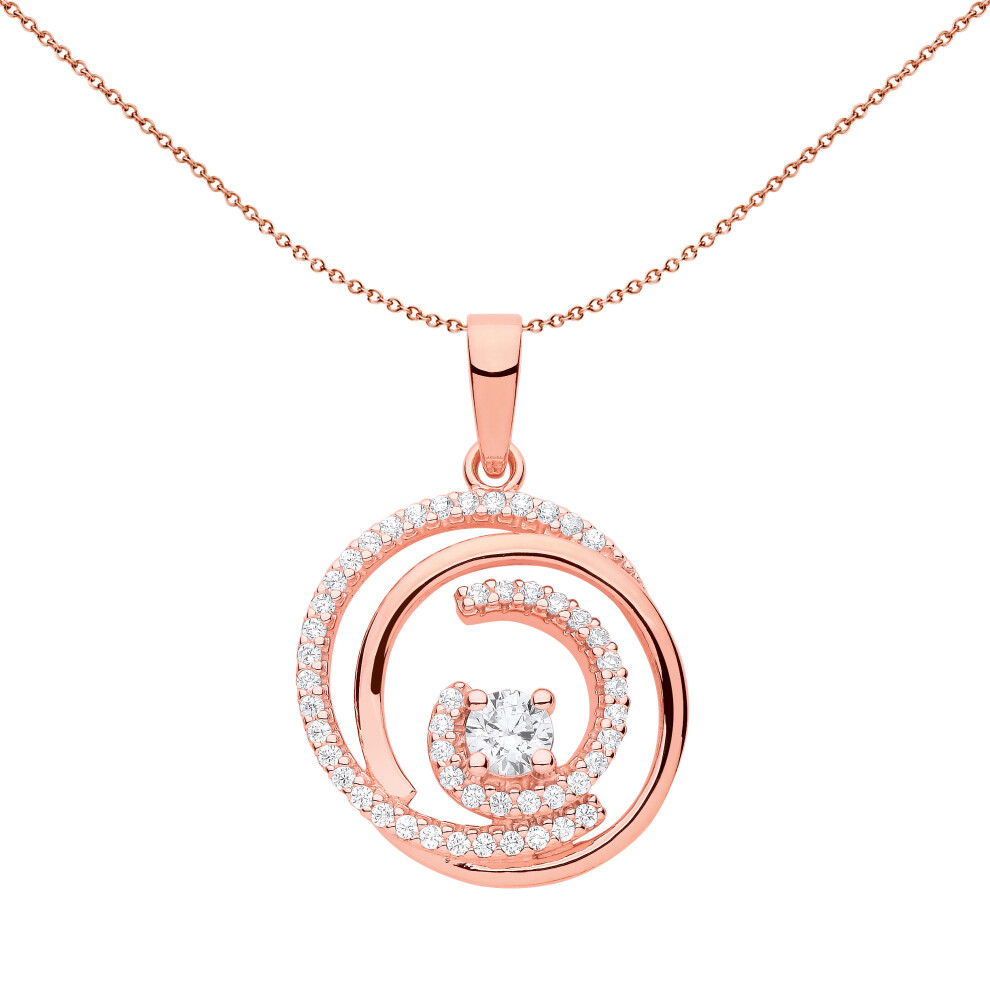 Jewelco London Ladies Rose Gold-Plated Sterling Silver CZ Tornado Spiral Solitaire Cluster Pendant Necklace 18 inch - GVP630