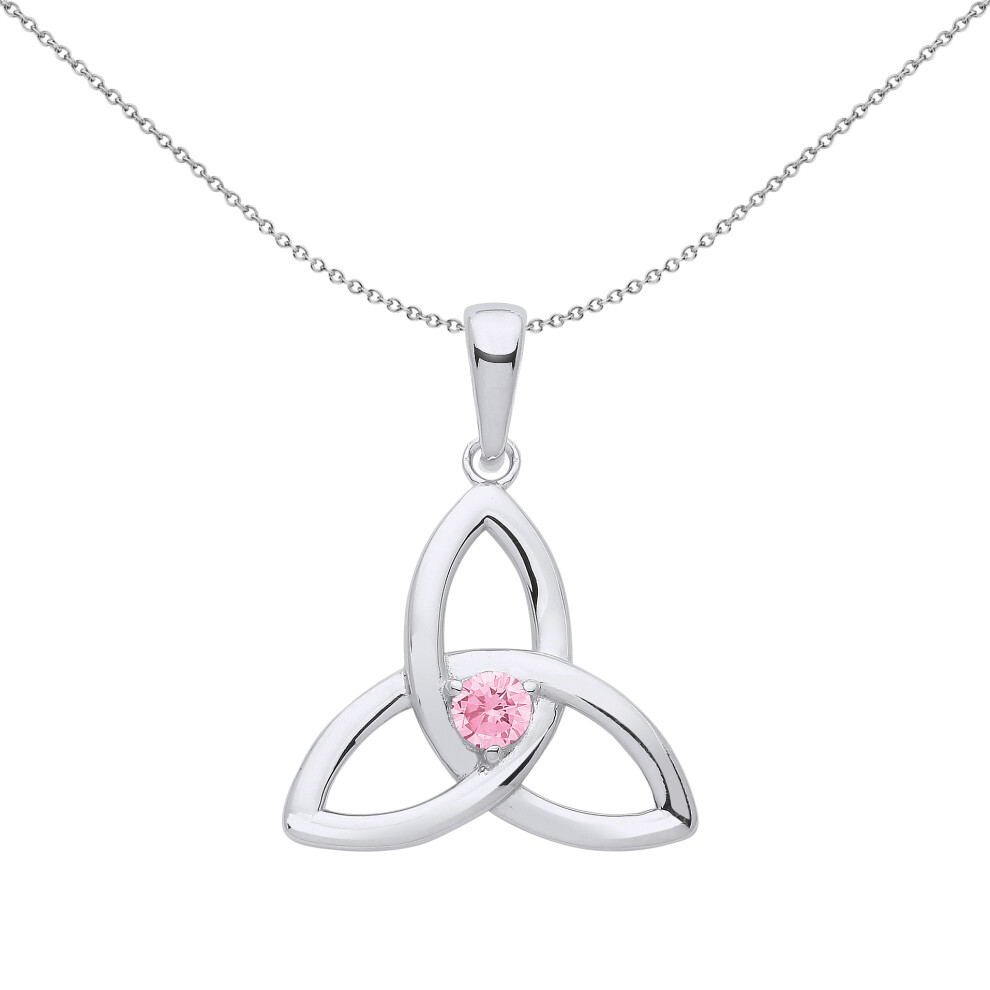 Jewelco London Ladies Sterling Silver Pink CZ Celtic Trinity Trefoil Triquetra Knot Solitaire Pendant Necklace 18 inch - GVP570PINK
