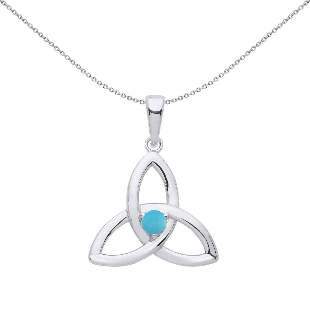 Jewelco London Ladies Sterling Silver Blue Turquoise Celtic Trinity Trefoil Triquetra Knot Solitaire Necklace 18 inch - GVP570TURQ