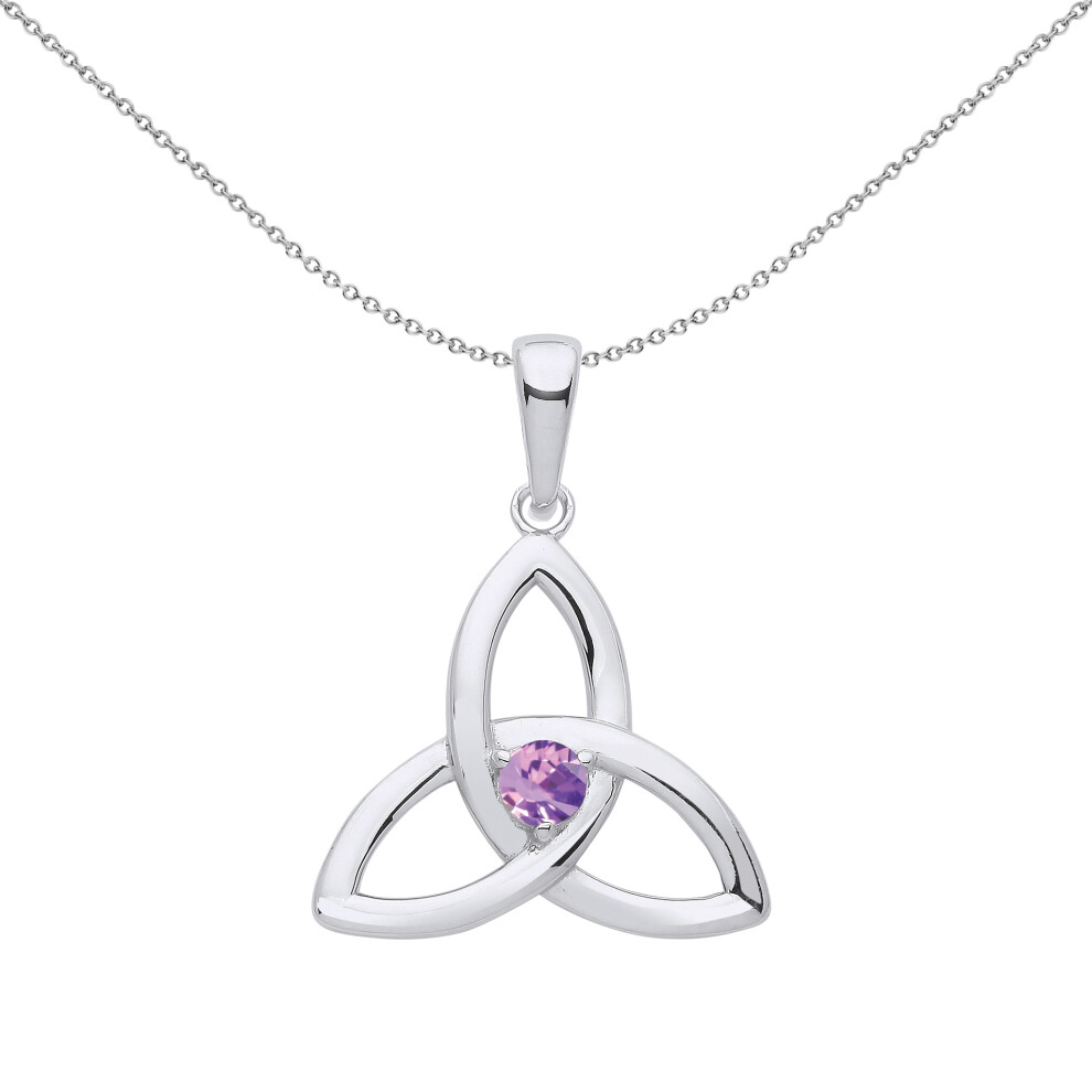 Jewelco London Ladies Sterling Silver Lilac CZ Celtic Trinity Trefoil Triquetra Knot Solitaire Pendant Necklace 18 inch - GVP570VIO