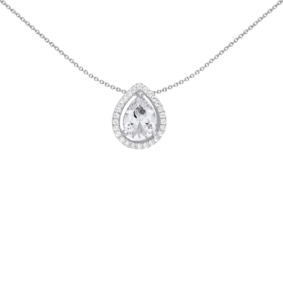 Jewelco London Ladies Rhodium Plated Sterling Silver Pear CZ Tear Droplet Halo Solitaire Slider Pendant Necklace 18 inch - GVP588