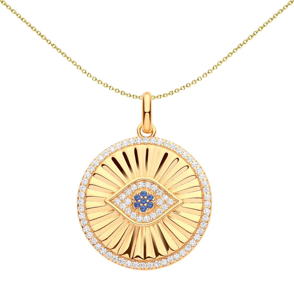 Jewelco London Ladies Gold-Plated Sterling Silver Blue CZ Fluted Sunburst Anti Evil Eye Halo Circle Necklace 18 inch - GVP604
