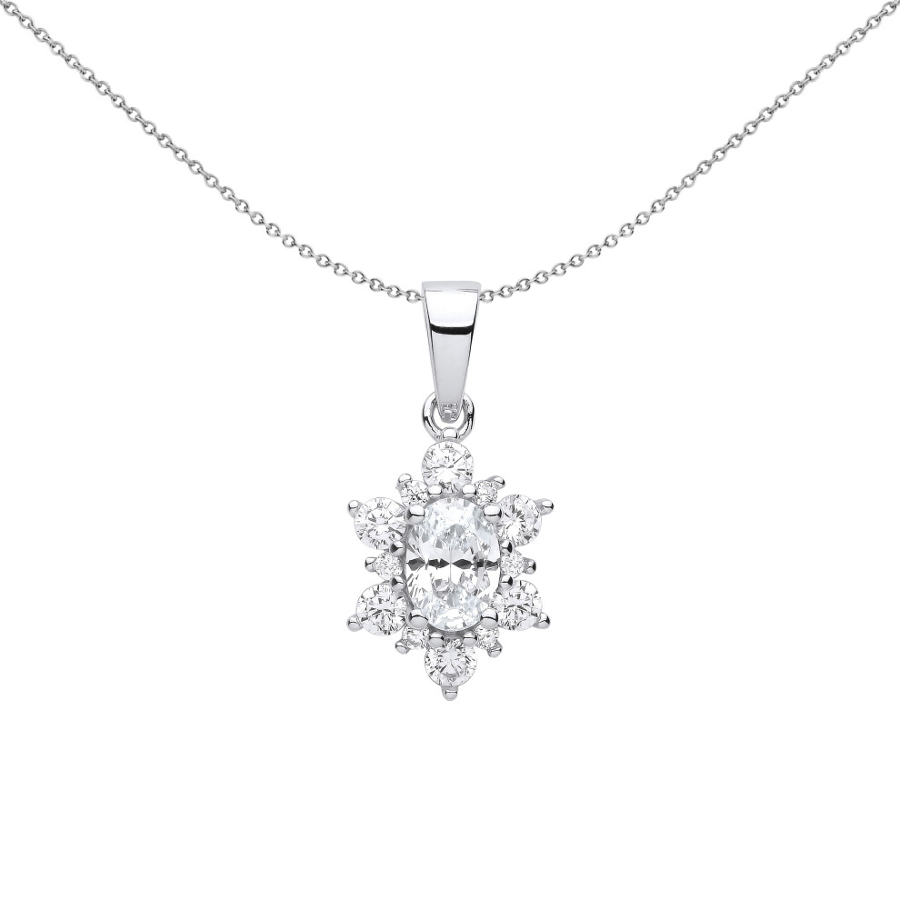 Jewelco London Ladies Rhodium Plated Sterling Silver Oval CZ Oval Snowflake Cluster Pendant Necklace 18 inch - GVP609