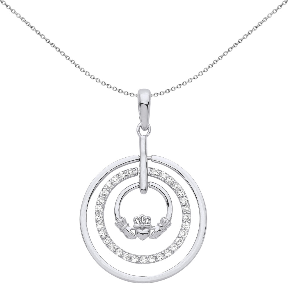 Jewelco London Ladies Rhodium Plated Sterling Silver CZ Magic Circle of Life Eternity Claddagh Pendant Necklace 18 inch - GVP565