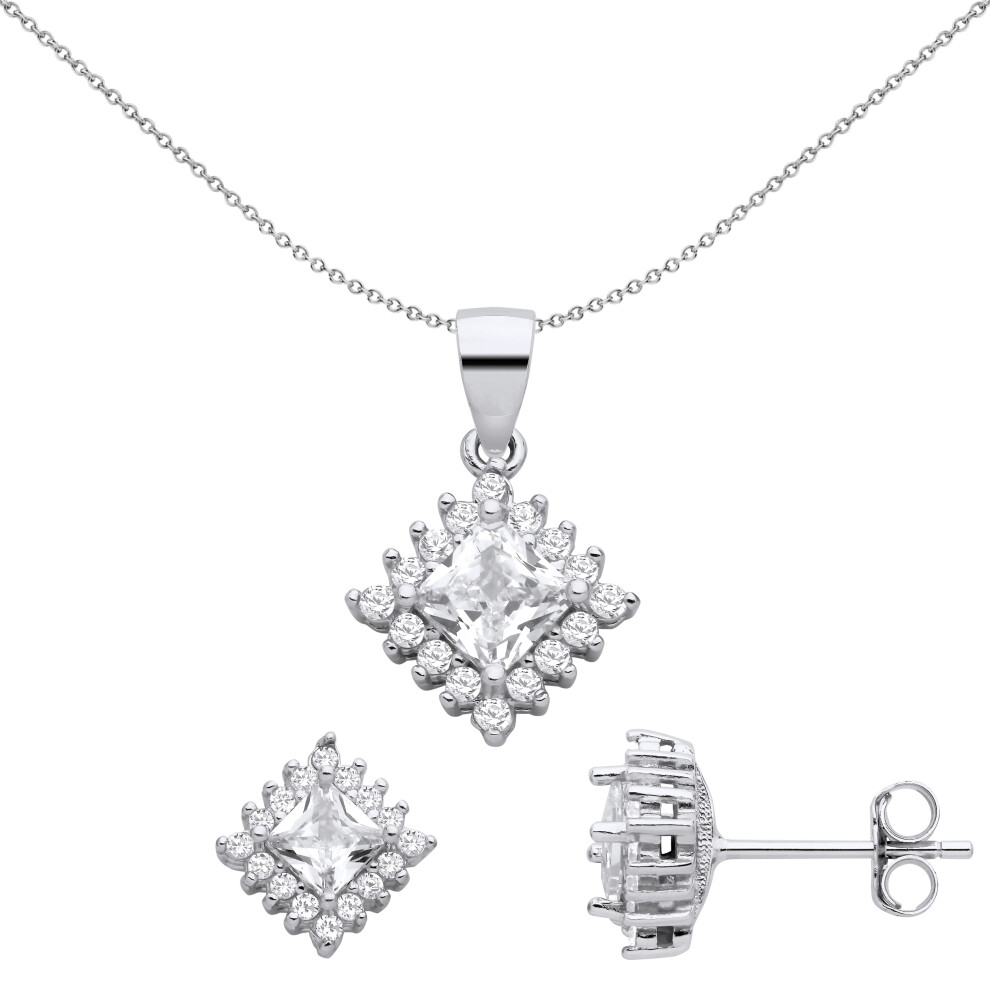 Jewelco London Ladies Rhodium Plated Sterling Silver Princess CZ Rotated Square Halo Cluster Earrings Necklace Set - GSET665
