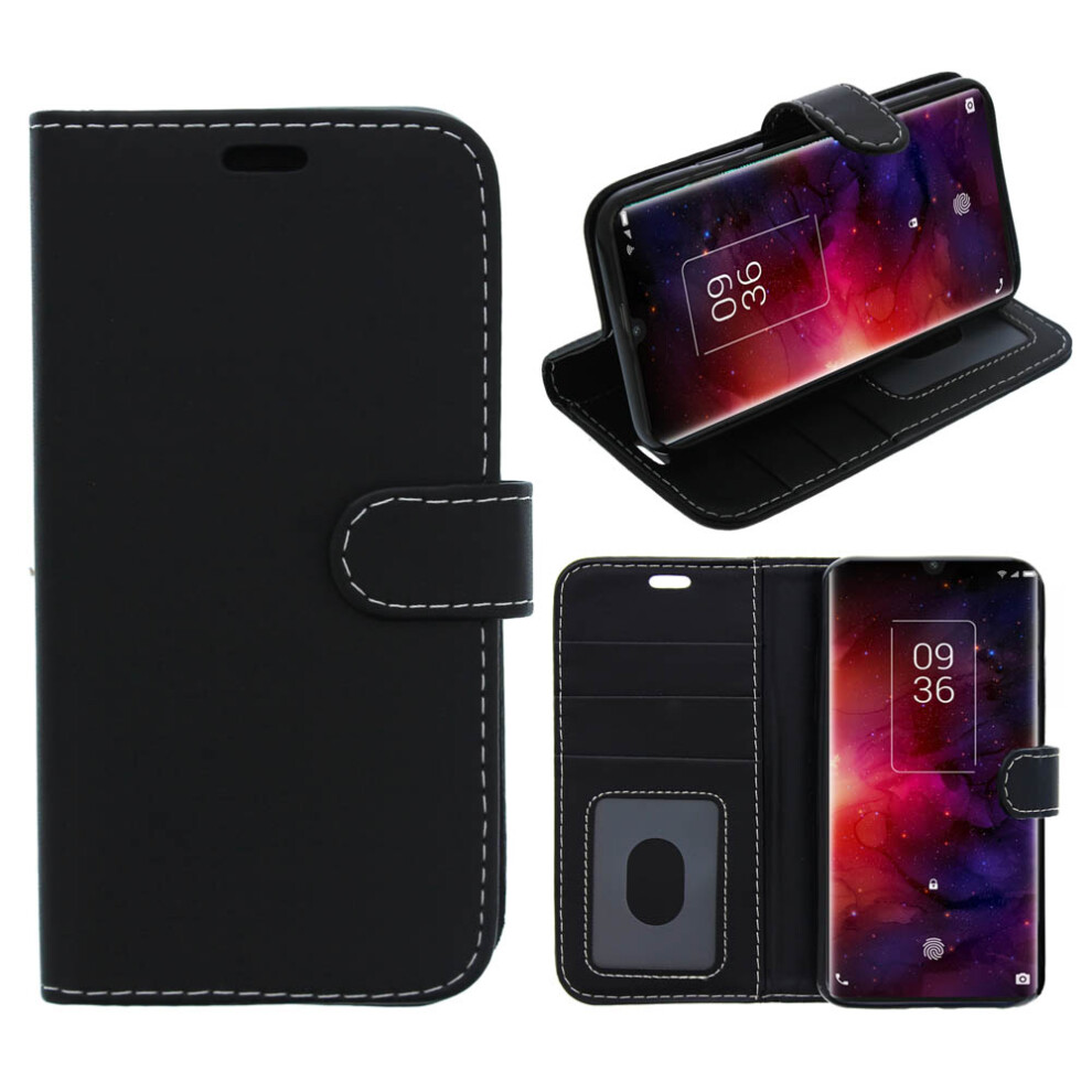 (Black) For TCL 505 Case Cover Flip Wallet Folio Card Slot PU Leather Gel