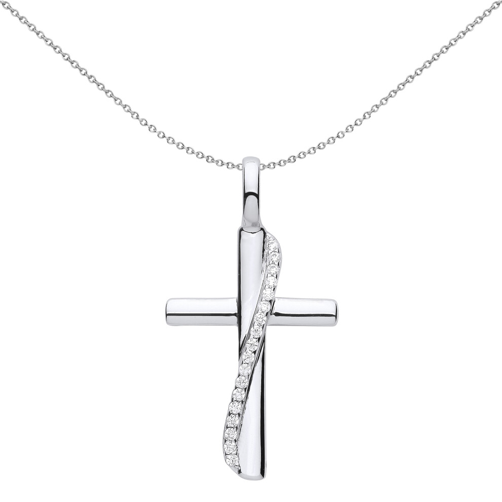 Jewelco London Unisex Rhodium Plated Sterling Silver CZ Eternity Sash Ribbon Cross Pendant Necklace 18 inch - GVX061