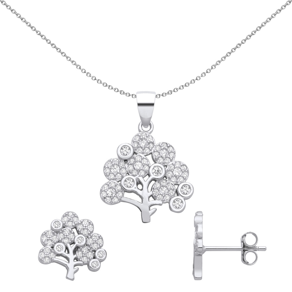 Jewelco London Ladies Rhodium Plated Sterling Silver CZ Bushy Tree Broccoli Cluster Earrings Necklace Set - GSET677