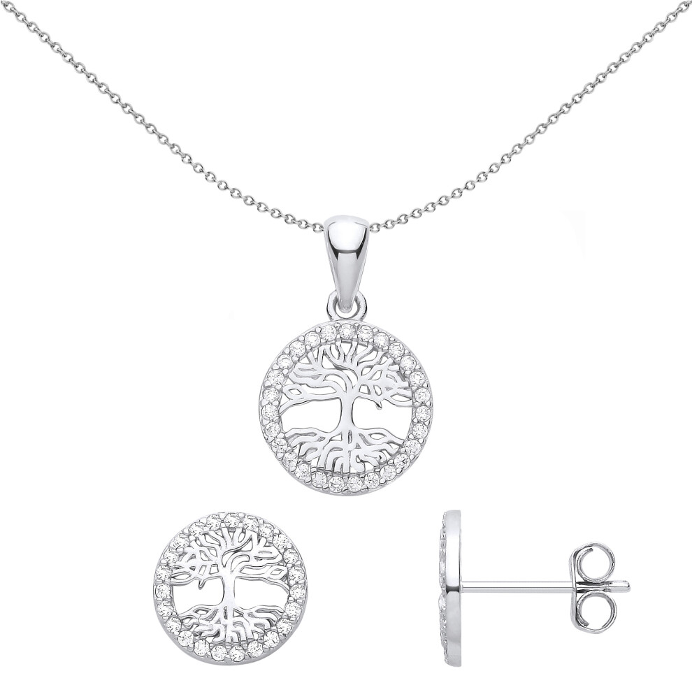 Jewelco London Ladies Rhodium Plated Sterling Silver CZ Circle of Life Tree Halo Earrings Necklace Set - GSET655