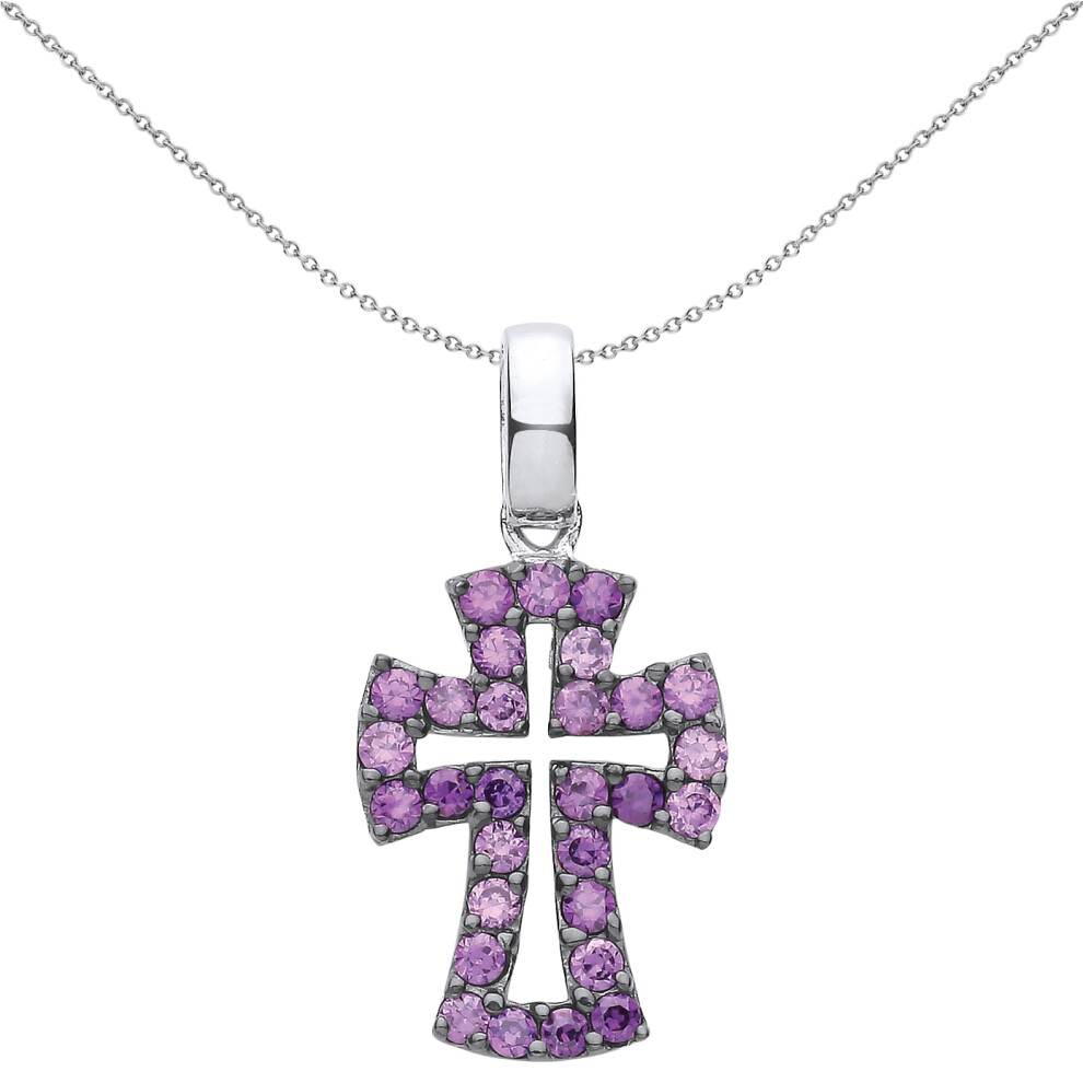 Jewelco London Unisex Rhodium Plated Sterling Silver Purple CZ Graduated Serif Byzantine Cross Pendant Necklace 18 inch - GVX066