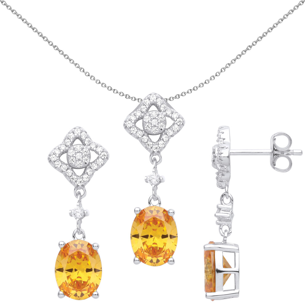 Jewelco London Ladies Rhodium Plated Sterling Silver Yellow Oval CZ Clover Halo Cluster Chandelier Earrings Necklace Set - GSET619