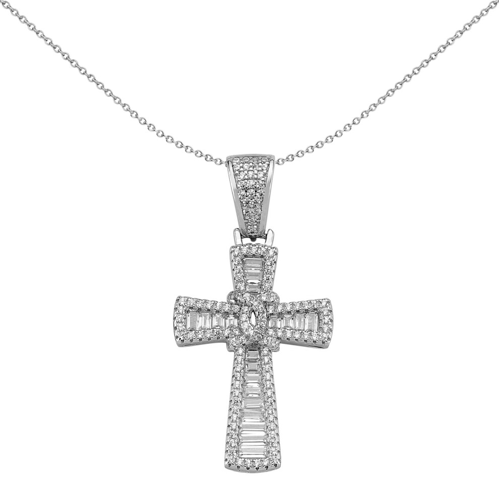 Jewelco London Unisex Sterling Silver Baguette CZ Byzantine Knot Shimmering Cross Pendant Necklace 18 inch - GVX083