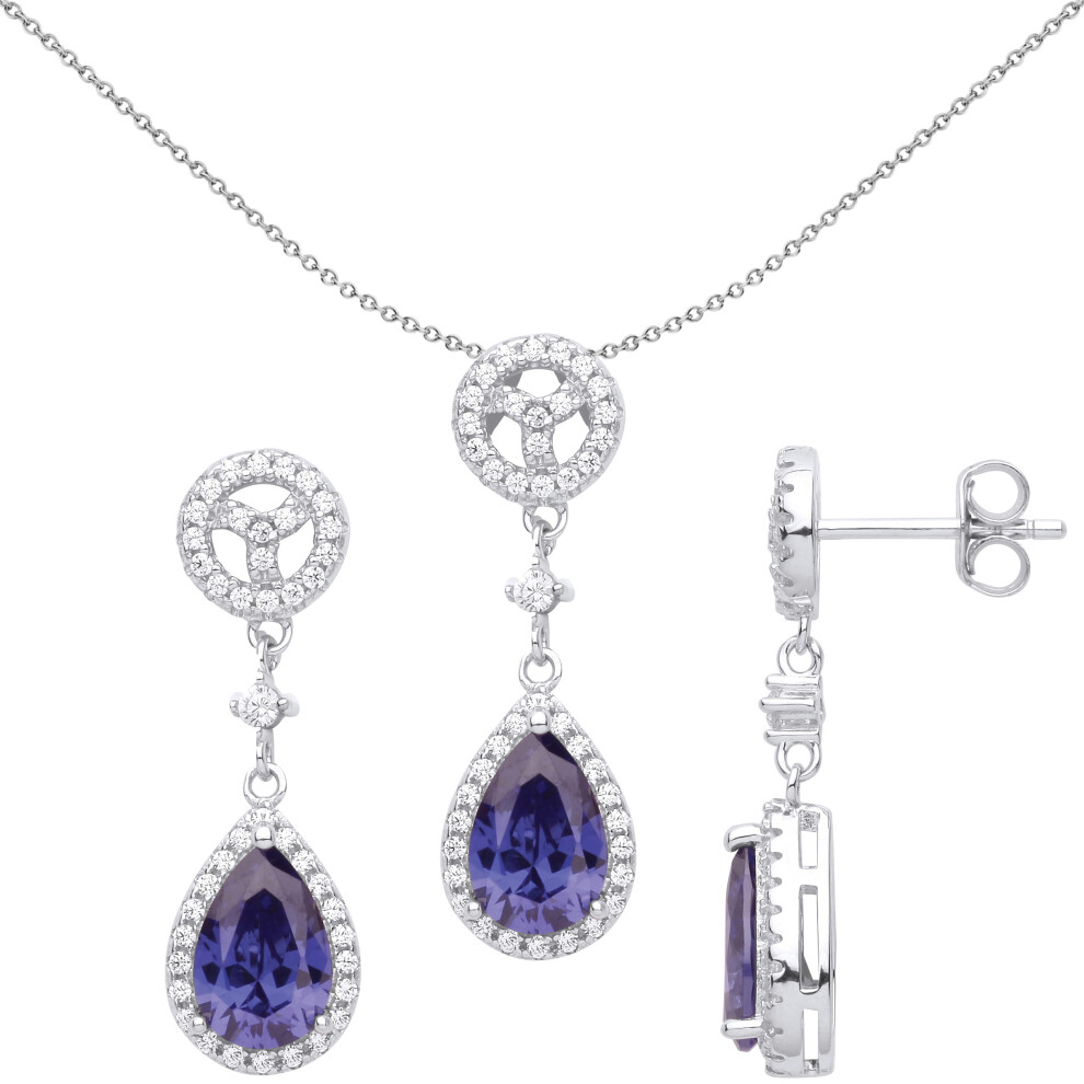Jewelco London Ladies Rhodium Plated Sterling Silver Blue Pear CZ Fan Halo Cluster Raindrop Earrings Necklace Set - GSET621