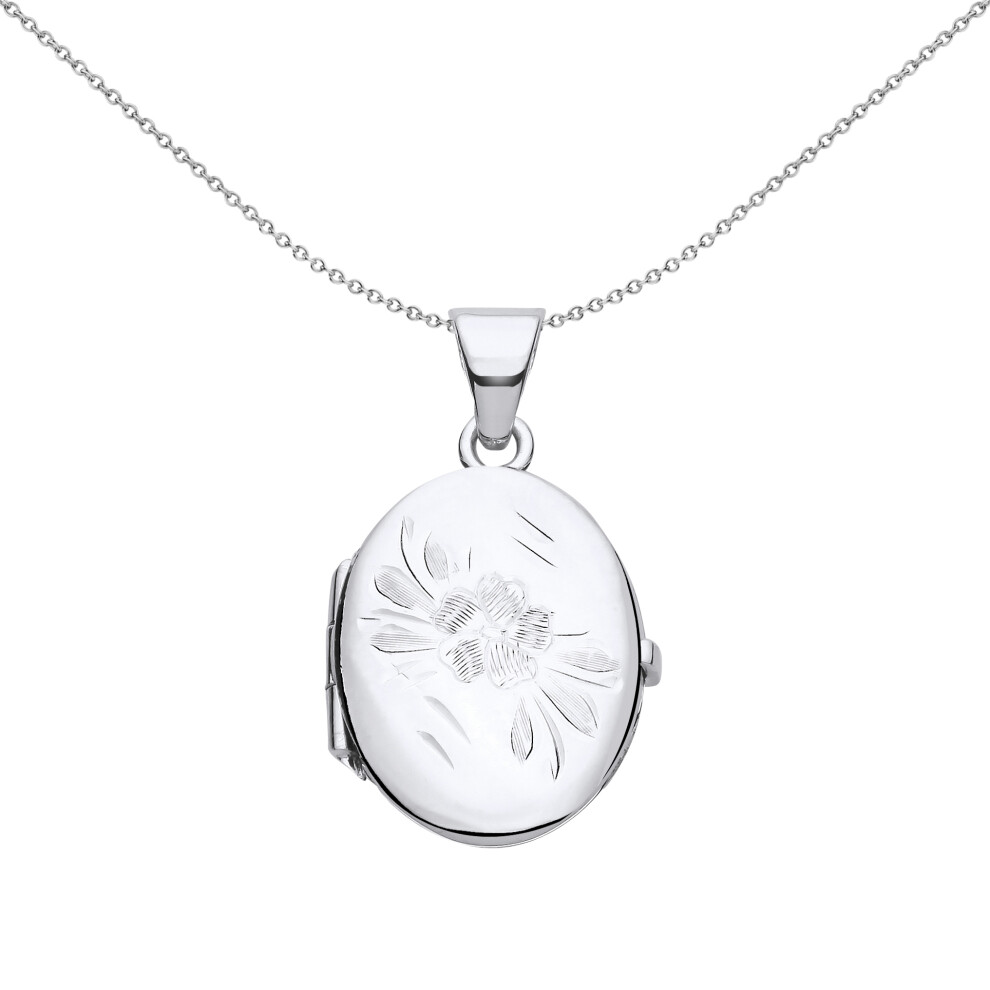 Jewelco London Ladies Rhodium Plated Sterling Silver Flower Engraved Oval Locket Pendant Necklace 18 inch - LK56