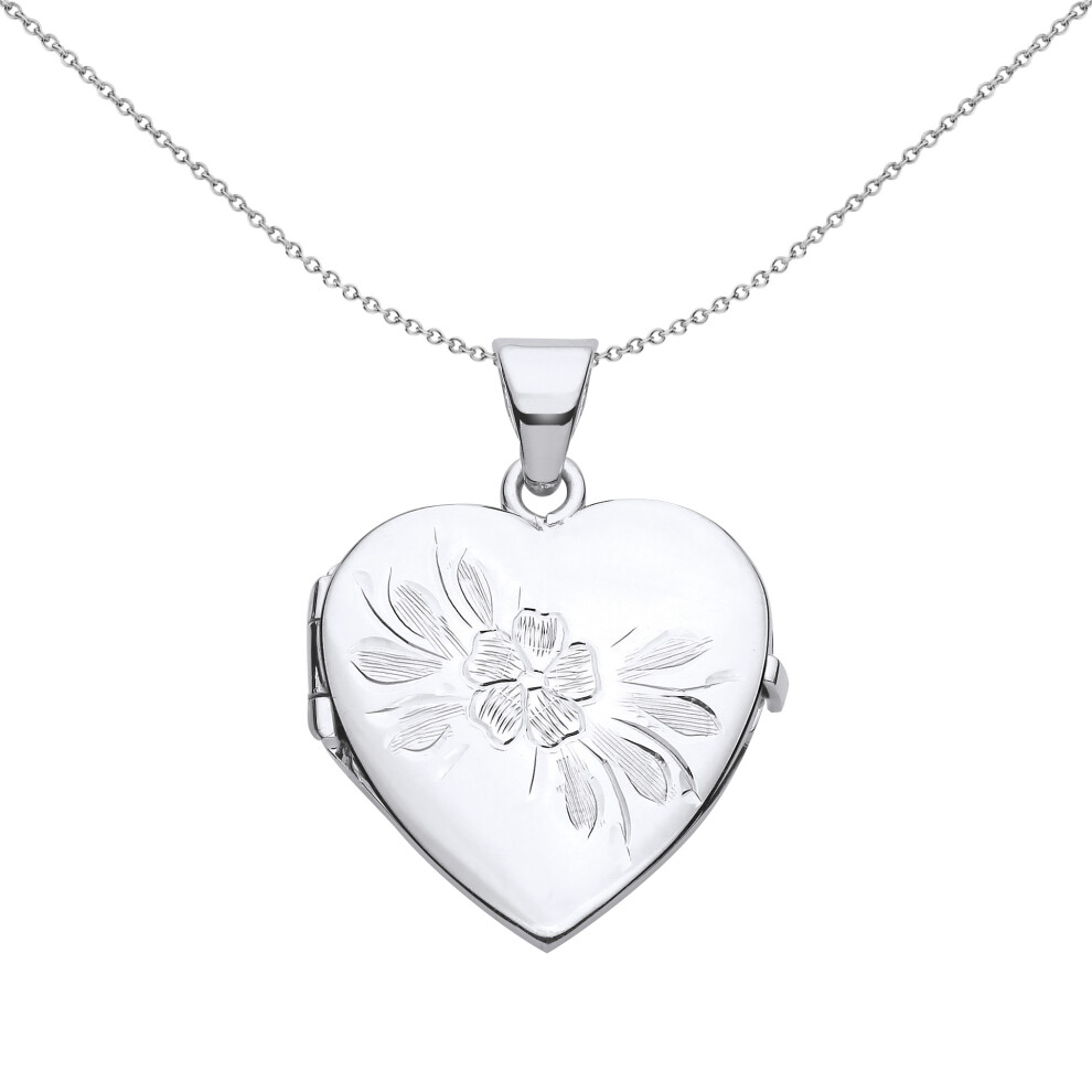Jewelco London Ladies Rhodium Plated Sterling Silver Flower Leaves Engraved Love Heart Locket Pendant Necklace - LK61